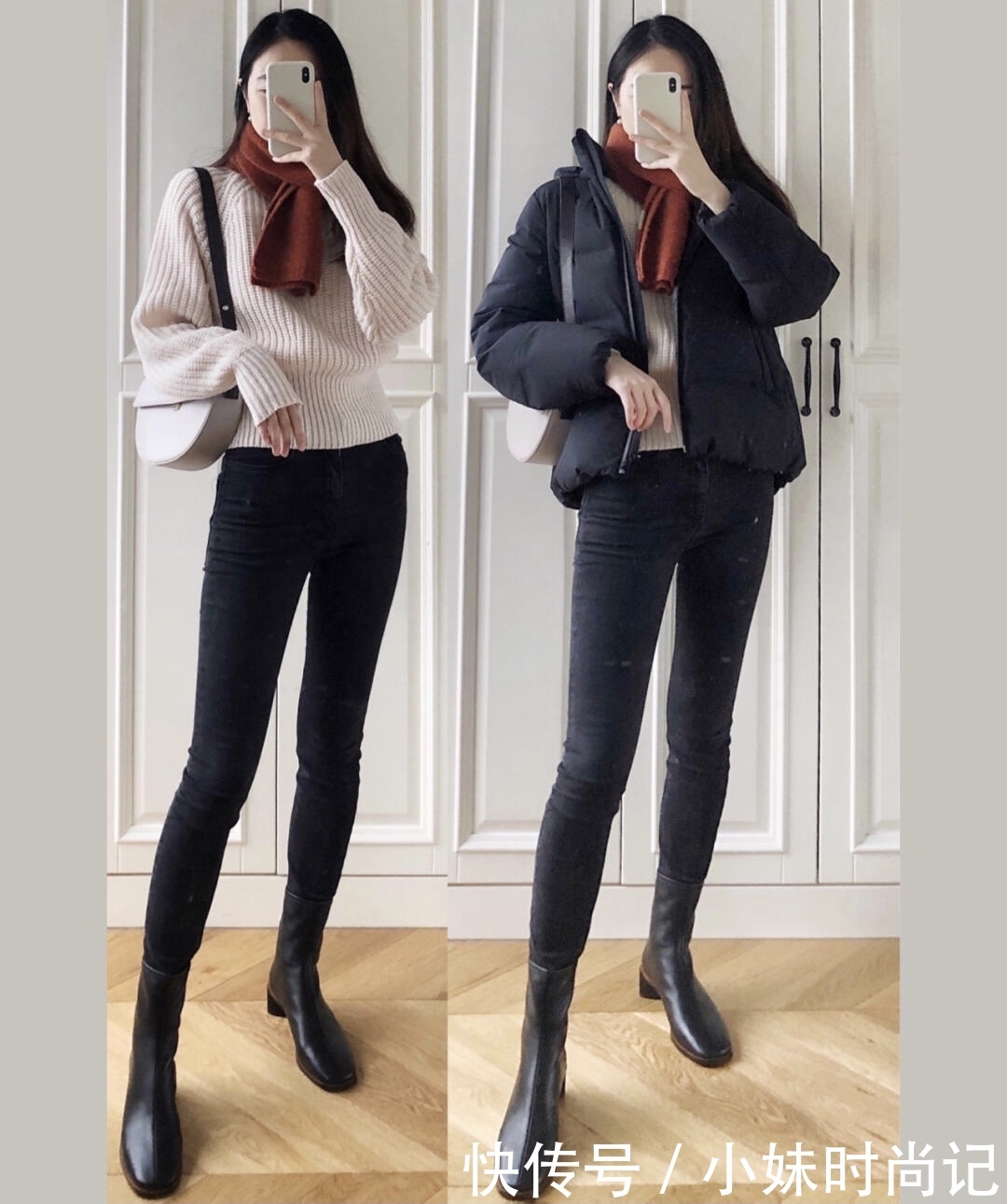 短款羽绒服怎么穿搭更显腿长?学她搭配高腰下装,尽显高挑女神范