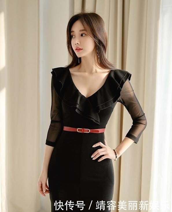 孙允珠——黑色雨荷层叠嫣红系带连衣裙写真