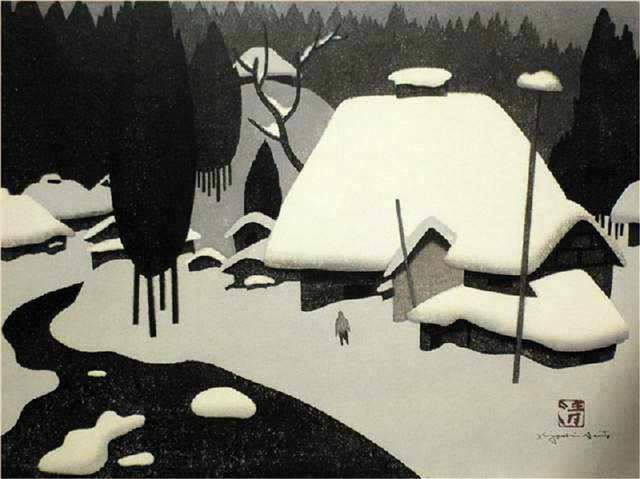 版画!日本近代版画大师斋藤清冬日雪景系列版画作品