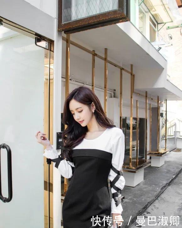 灰白|美人美图孙允珠:灰白清新藤蔓袖带韩版连衣裙!