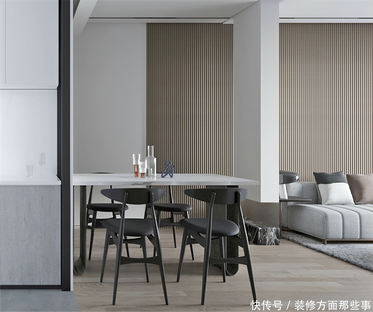 装修|87平简约风二居室,深灰色的木纹肌里诉说着年轮和岁月