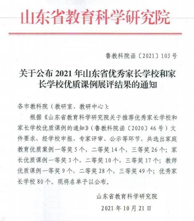 山东省|省实验幼儿园(南校区)润禾家长学校获评“山东省优秀家长学校”