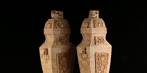 下腹部#收藏精品,牙雕麒麟龙纹大赏瓶一对