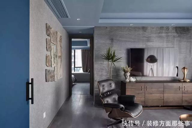吊顶|108㎡现代三居室，蓝色吊顶，水泥背景墙，时尚有格调的新家