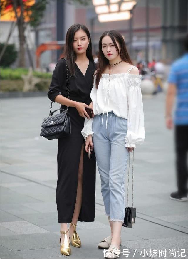 小姐姐|街拍:时尚姐妹花,牛仔裤与连衣裙各显风姿,时尚又显清纯气质
