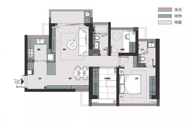 北欧风|90平北欧风二居室,餐厅看向客厅明亮而惬意,黑色线条灯具呼应