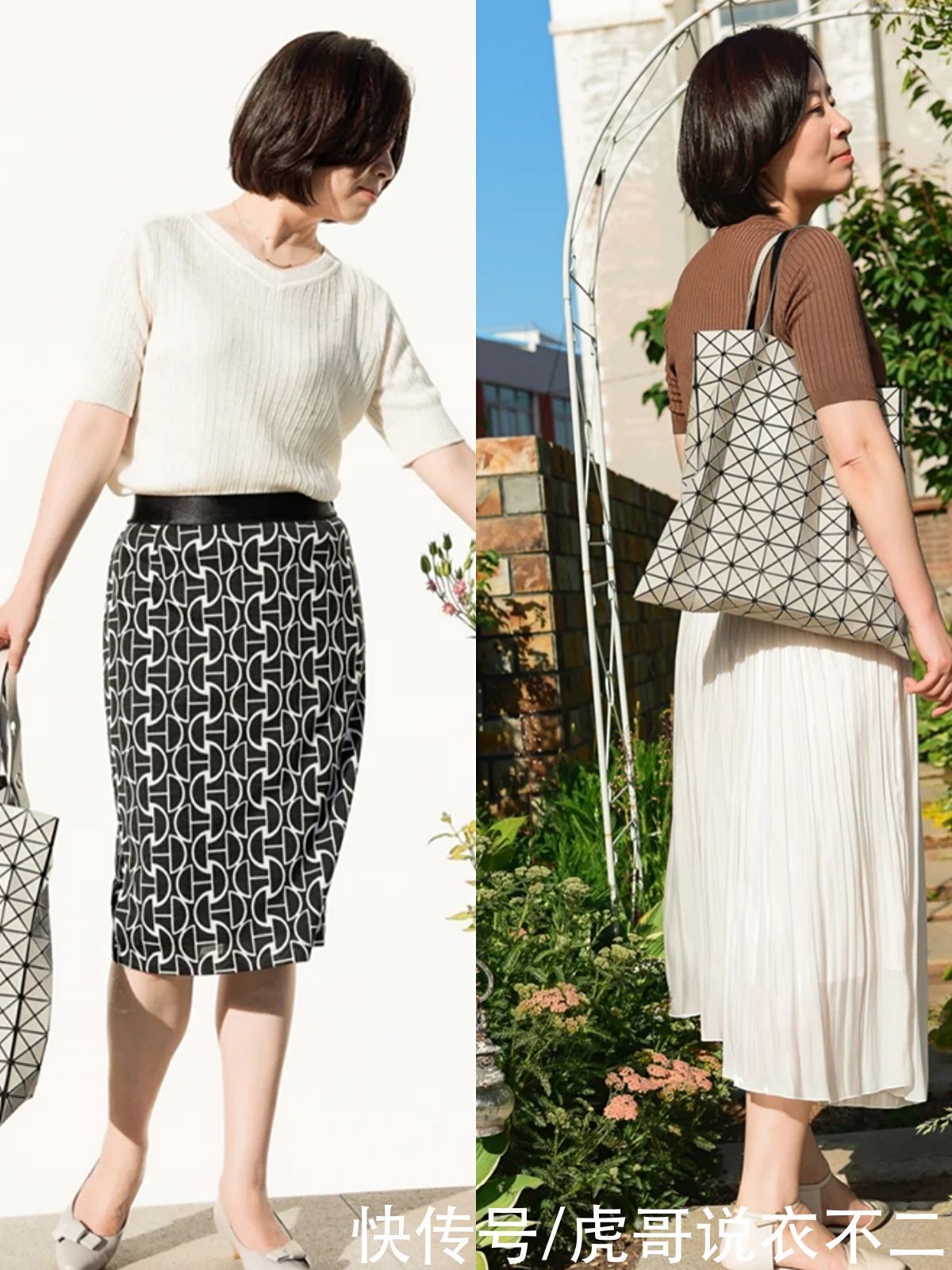 视觉效果|女人不管多大年纪，夏季穿“薄针织衫+半裙”，都会优雅到骨子里