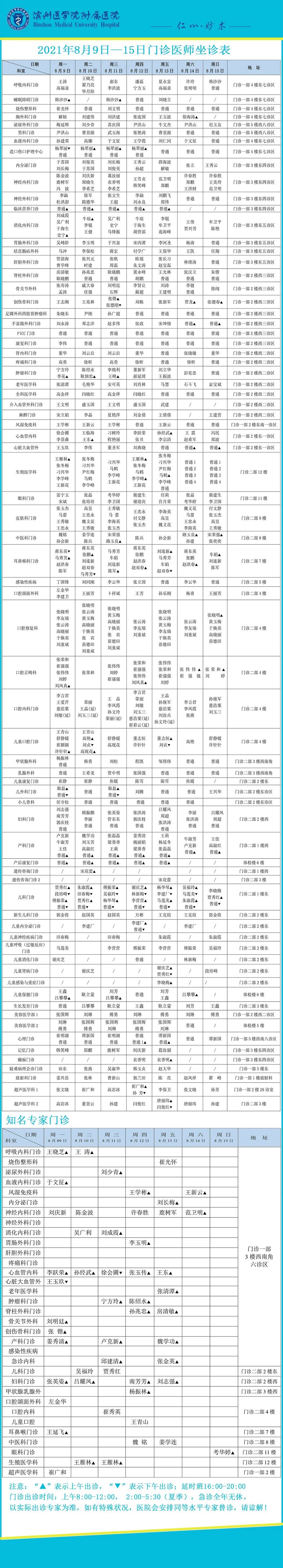 医师|滨医附院2021年8月9日—15日门诊医师坐诊表!
