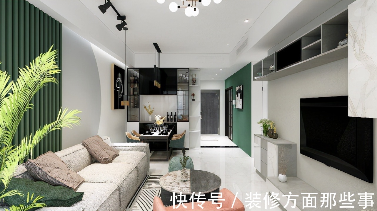 客厅|71平北欧风一居室,用墨绿色、脏粉打造清新的居室