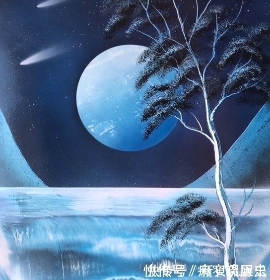 明月星空$美术生不用笔画明月星空,以为是开玩笑,看到成品疯狂打脸