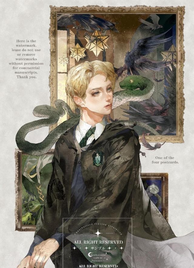 马尔福|画师绘制《哈利波特》同人,赫敏复古英伦风,马尔福充满贵族气质