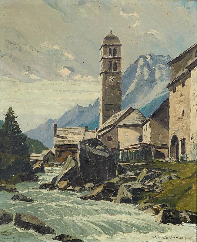 冰雪山脉$查尔斯·亨利·康坦辛(Charles Contencin)冰雪山脉风景绘画