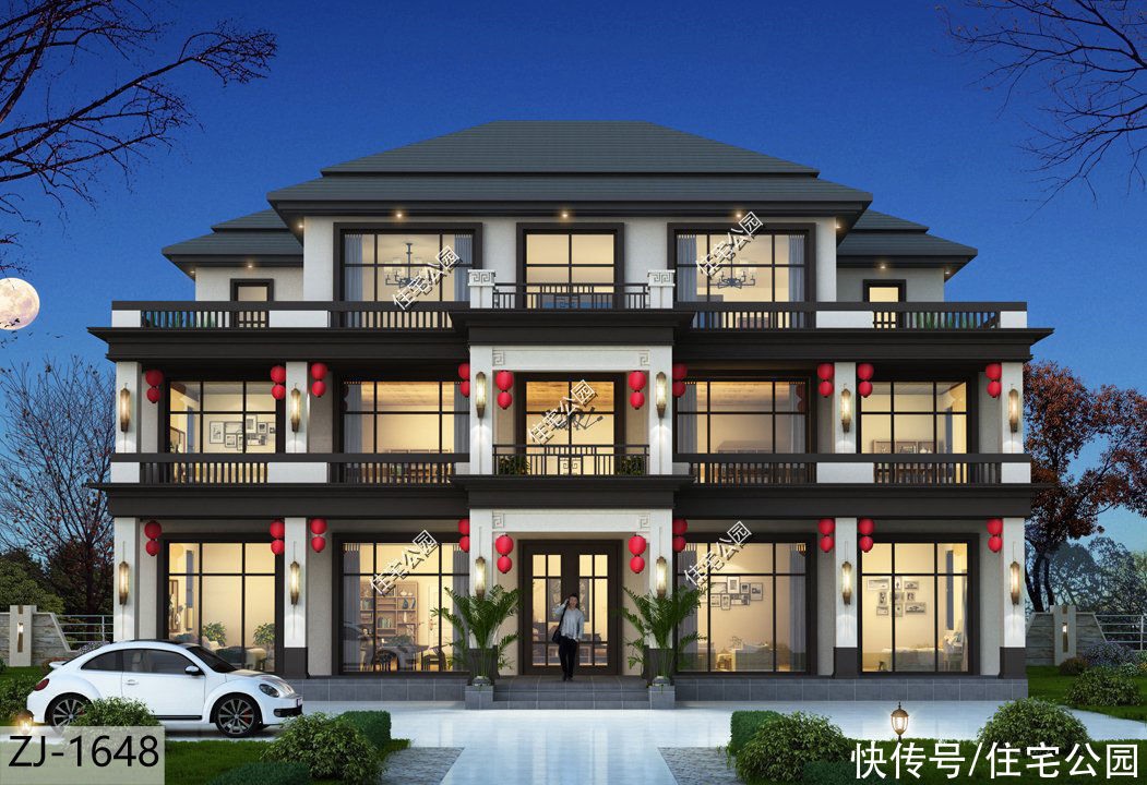 大红灯笼高高挂|2021年就盖这套新中式美宅吧，室内布局没得挑，对称外观更受好评