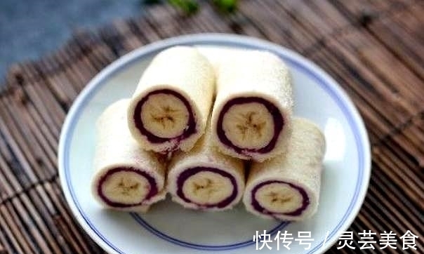 一款精致早餐卷,紫薯香蕉加吐司,卷一卷切一切就完成