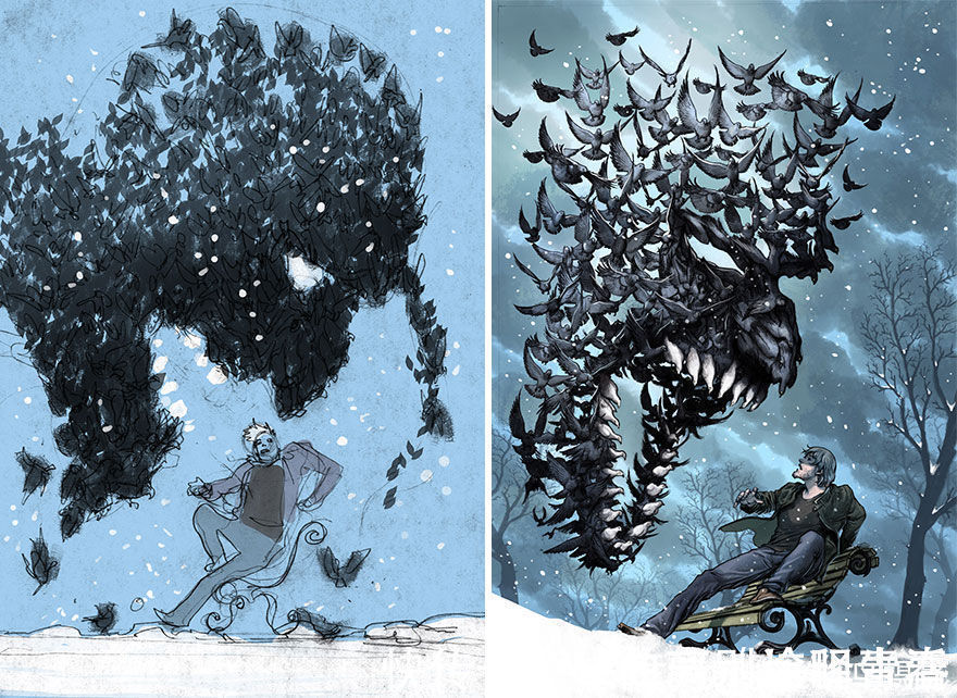 艺术家们@27个初稿与成品对比照,前后差距太大,网友:这是同一副画吗