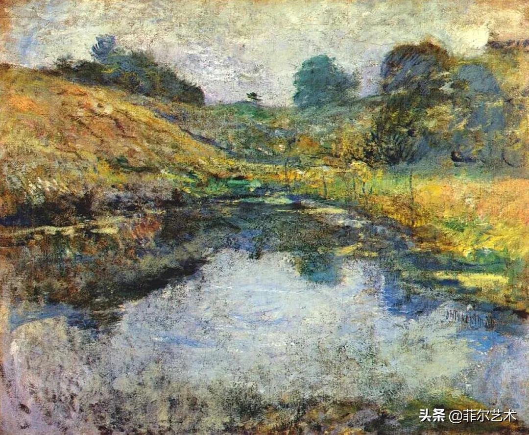 油画&这幅油画作品有着独特精致的构图，以及柔美优雅并带有诗意的风景