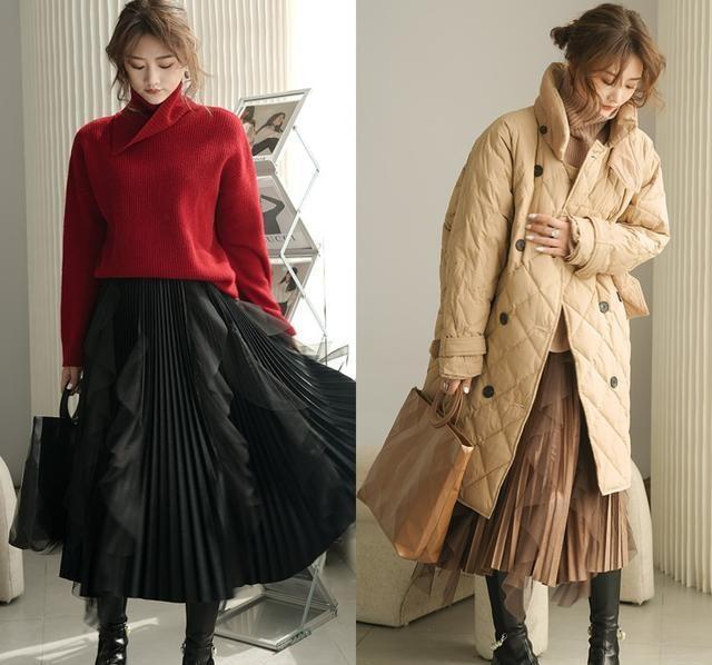 裙子 冬天不能没裙子,现在流行“过膝百褶裙”,既能搭大衣又能配棉服