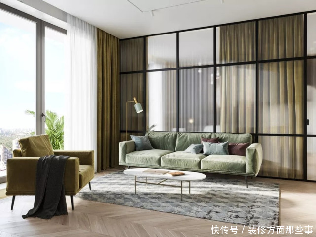 开阔性|120平做二居室客厅居然敢用姜黄色、草绿色家具,但是还挺好看