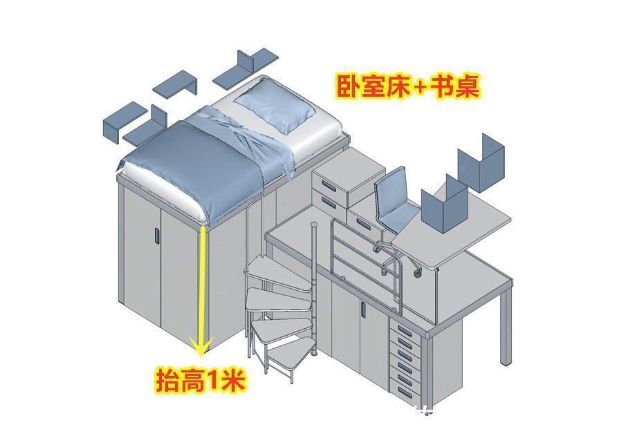 书房床|儿童房不足5㎡，把床抬高1米重叠利用空间，床上书房床下衣帽间
