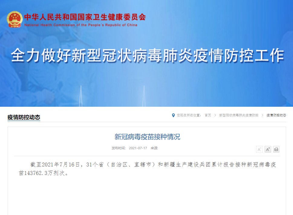 接种|国家卫健委:累计报告接种新冠病毒疫苗143762.3万剂次