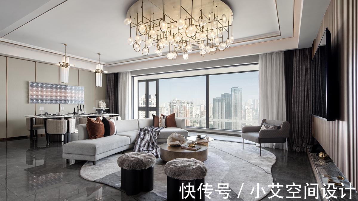 吊灯|234㎡软装设计,优雅色调和流畅曲线结合!