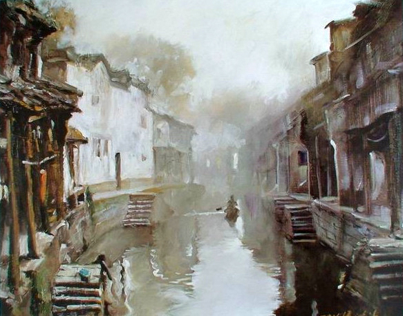 江南水乡#潘鸿海油画中的江南水乡,太有诗意了!