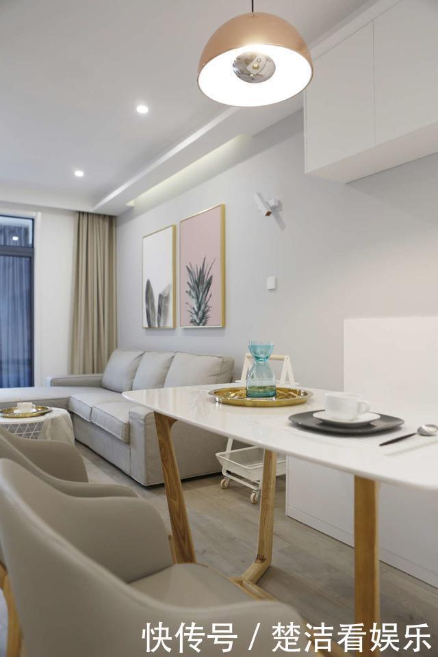 厨房|75平现代小清新空间，马卡龙色调温馨时尚，客厅镂空茶几精致唯美