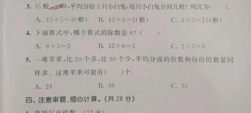 二年级数学53天天练第二单元达标测试分折，除法意义要理解透彻