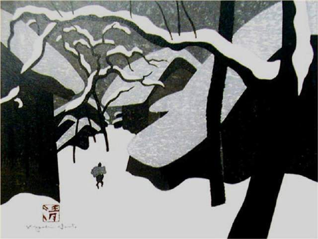 版画!日本近代版画大师斋藤清冬日雪景系列版画作品