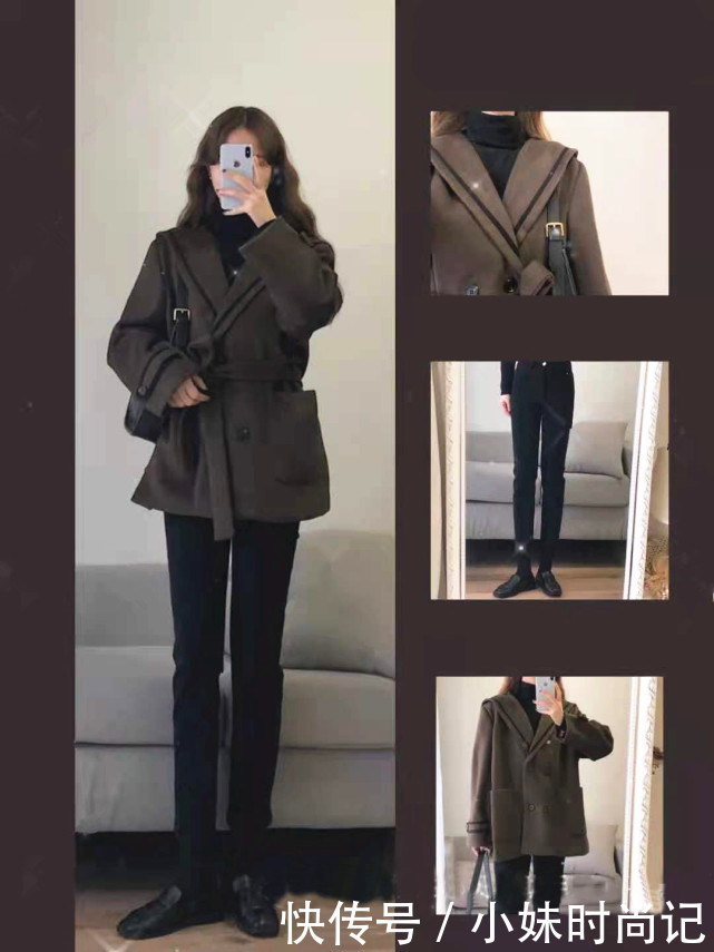 深色系演绎的甜美范儿,很有冬日韩系穿搭韵味,温暖还不臃肿