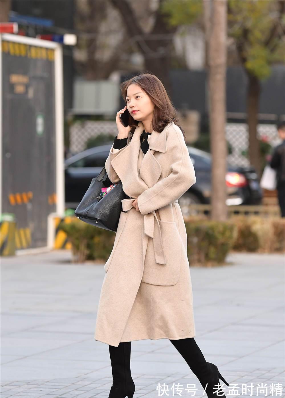 大衣|米色搭配, 搭配细高跟过膝长靴, 秋冬季节的搭配也很简单