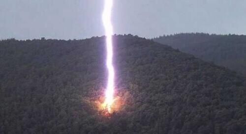 國外男子抓拍到閃電擊中大樹瞬間