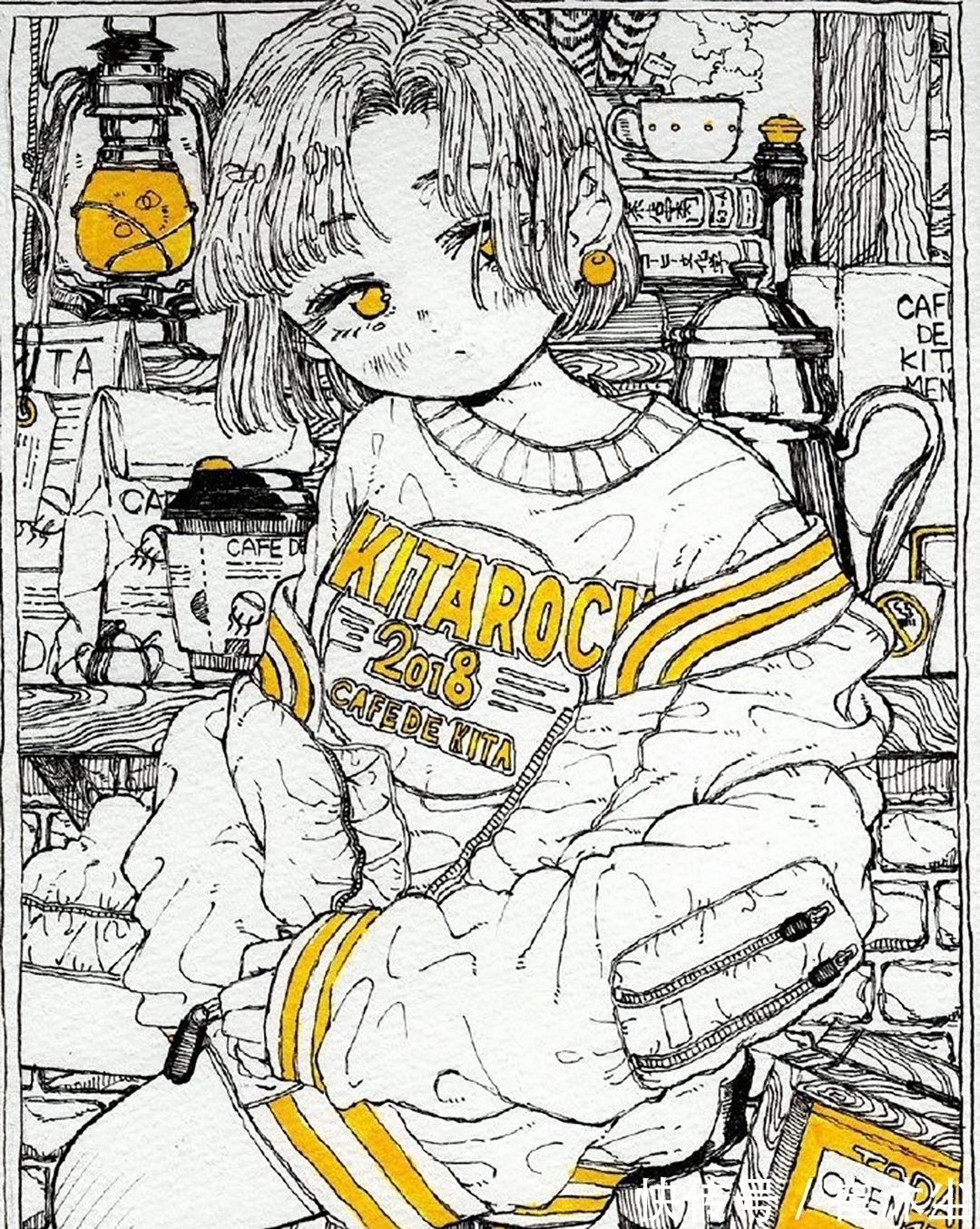 少女插画#线条感极强的少女插画，加一点黄色点缀非常的好看