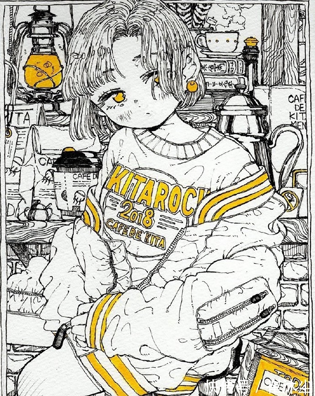 少女插画#线条感极强的少女插画,加一点黄色点缀非常的好看