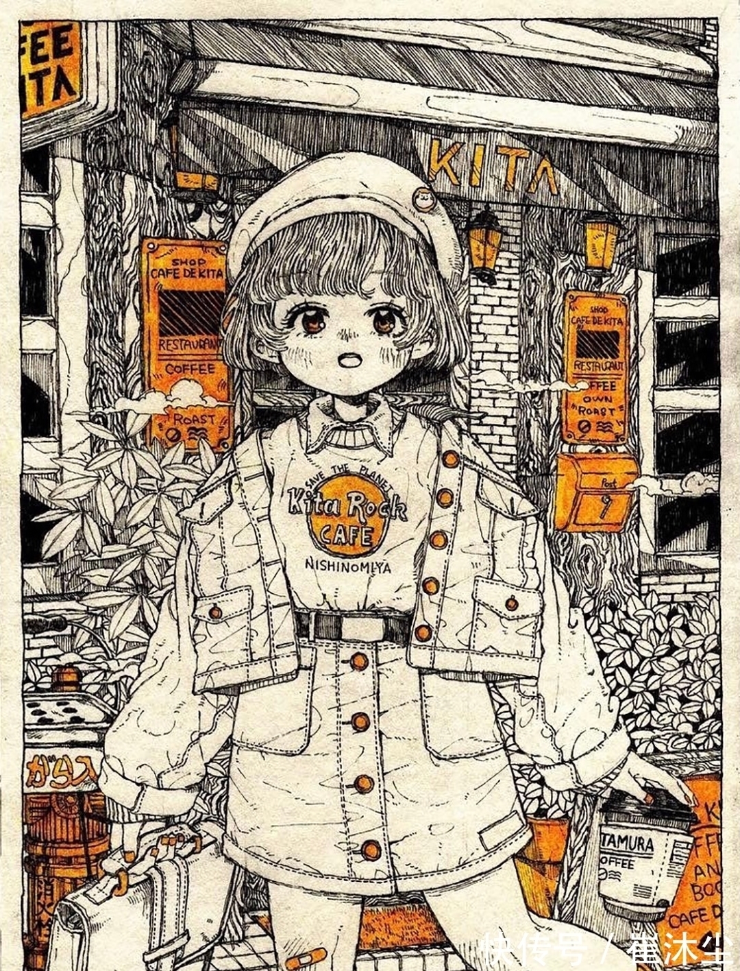 少女插画#线条感极强的少女插画，加一点黄色点缀非常的好看