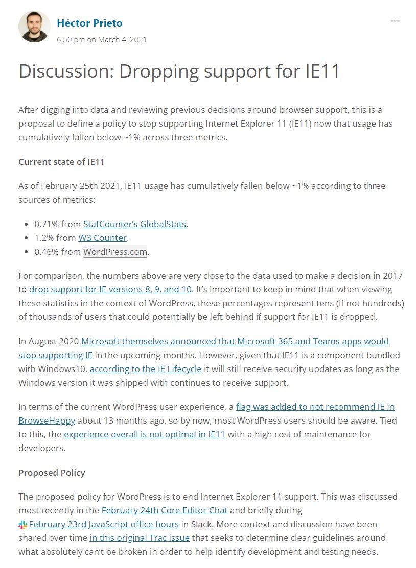 WordPress 考虑放弃 IE11 支持,因其使用率不足 1%