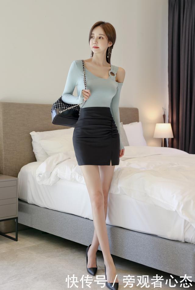 青石|最美孙允珠,青石魅蓝邦扣长袖衫,搭配皱褶包臀裙