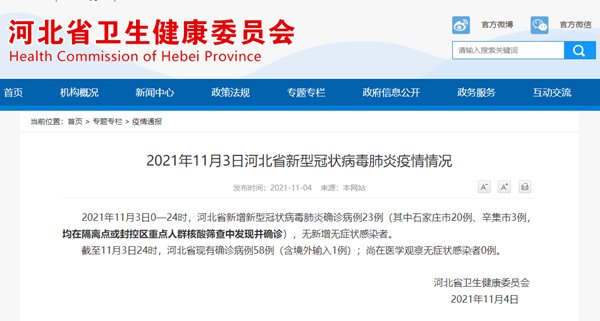 病例|河北省11月3日新增新冠肺炎確診病例23例