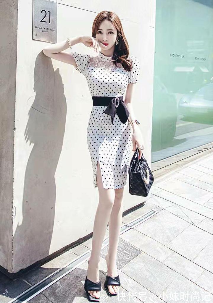 包臀裙|款白色波点蝴蝶结镂空气质连衣裙,收腰显瘦可爱甜美