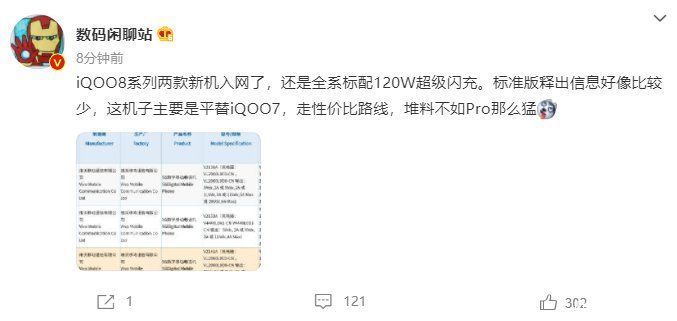 维沃移动通信有限公司|iQOO 8 系列两款新机入网：配备 120W 充电器