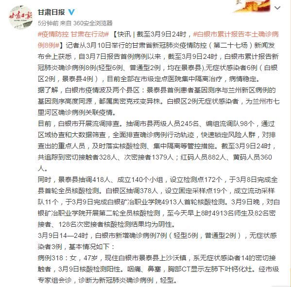 As of 24:00 on March 9, a total of 8 local confirmed cases have been reported in Baiyin City, Gansu Province, and details are announced