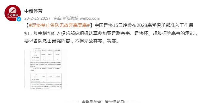中国足协通知：各队不得无故弃赛、罢赛
