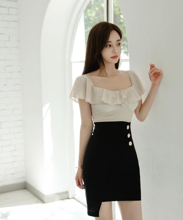 黑色|孙允珠美图鉴赏第6期一字肩纺纱上衣拼接黑色半身裙