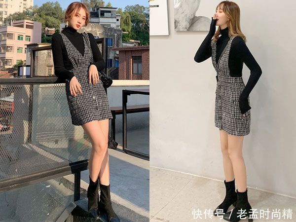 秋冬季背带裙内搭个针织衫或者衬衫,青春又减龄