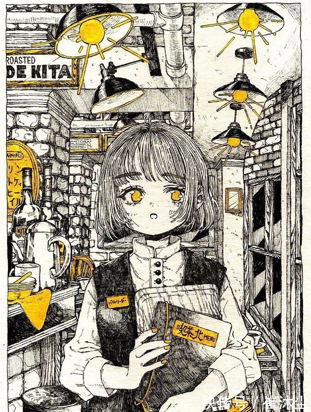 少女插画#线条感极强的少女插画，加一点黄色点缀非常的好看