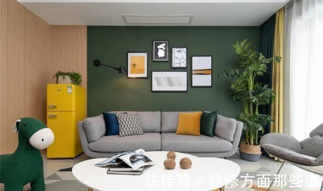 客厅|68㎡复古风二居室大黄大绿又不俗气,氛围感十足反而