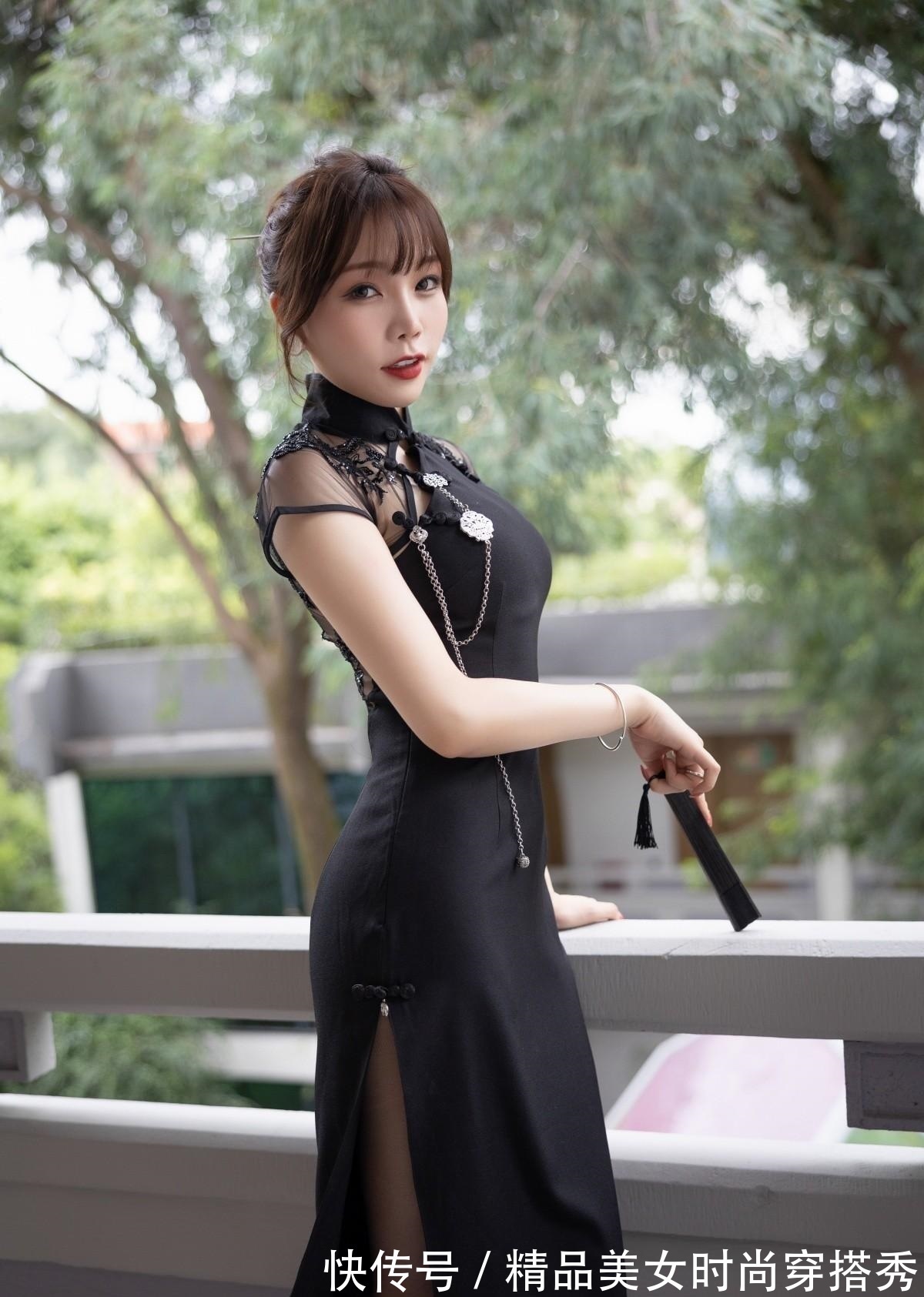 小姐姐 黑色旗袍裙搭配尖头高跟鞋,曼妙又优雅,超级显轻熟感