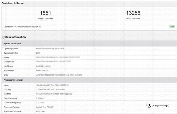 geekbench|Intel 12代酷睿笔记本旗舰i9-12900HK跑分泄露：超过苹果M1 Max