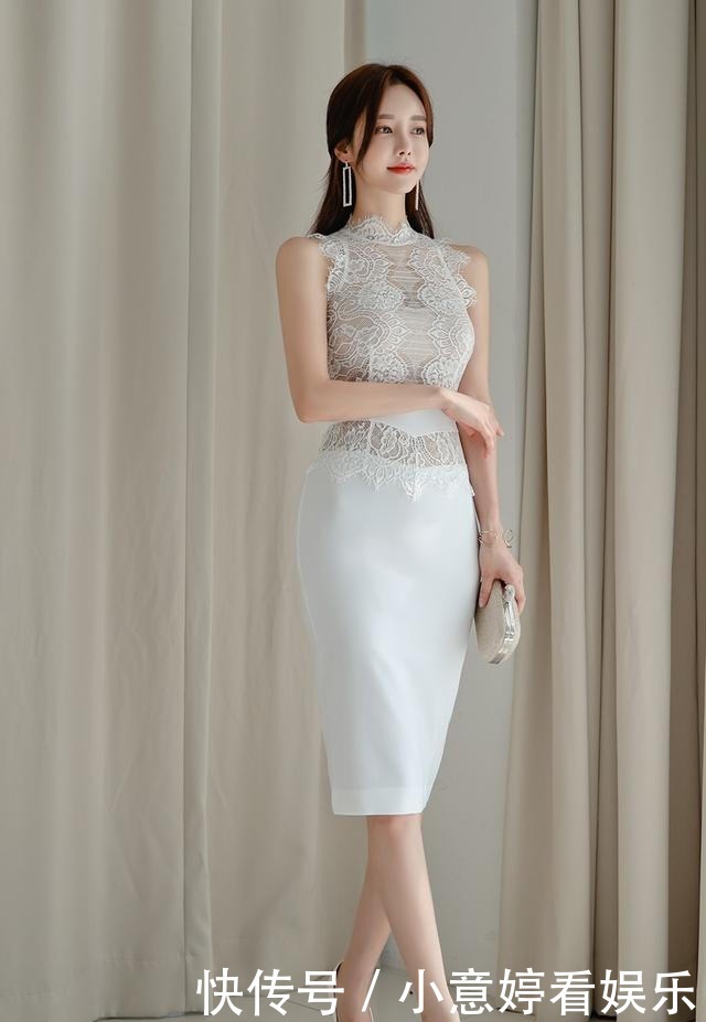 层叠对称花纹薄纱雪纺无袖包臀裙,突显孙允珠优雅气质