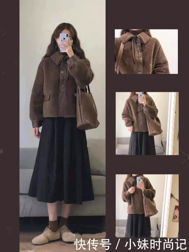 深色系演绎的甜美范儿,很有冬日韩系穿搭韵味,温暖还不臃肿